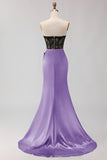 Strapless Mermaid Green Appliqued Lace Long Prom Dress with Slit