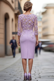 Light Blue Bateau Neck Bodycon Appliqued Midi Mother of the Bride Dress with 3/4 Sleeves