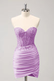 Lilac Strapless Corset Pleated Tight Graduation Dress with Appliques