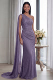 Navy One Shoulder Sheath Ruched Long Evening Dress with Side Cape