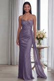 Back Strapless Sheath Ruched Long Evening Dress with Ribbon