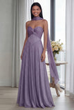 Strapless A Line Pleated Sky Blue Long Evening Dress with a Neck Scarf