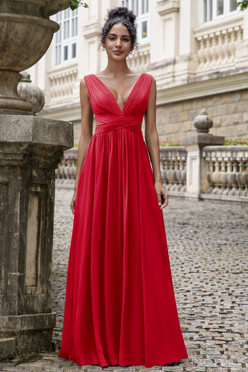 Eucalyptus A Line V Neck Pleated Chiffon Long Bridesmaid Dress with Lace-up Back