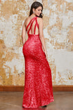 Sparkly Mermaid One Shoulder Hot Pink Sequins Long Prom Dress with Slit