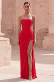 Strapless Light Pink Sheath Ruched Long Prom Dress with Slit