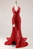 Sparkly Fuchsia Halter Mermaid Sequin Backless Long Prom Dress with Slit