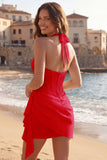 Halter Ivory Bodycon Corset Ruched Short Graduation Dress with Sash