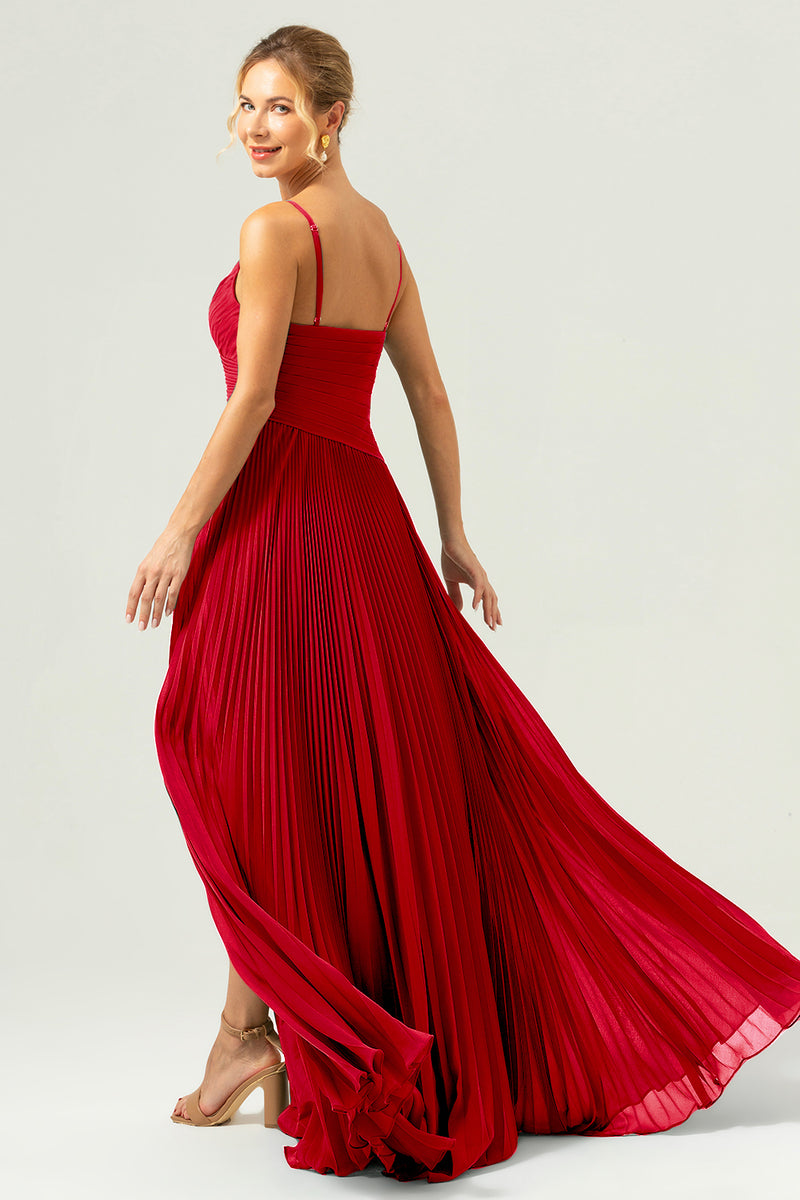 Load image into Gallery viewer, A-Line Spaghetti Straps Pleated Chiffon Eucalyptus Bridesmaid Dress with Slit