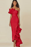 One Shoulder Sheath White Graduation Dress with Ruffles