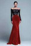 Off The Shoulder Mermaid Lace Velvet Black Formal Dress With Slit
