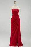Strapless Light Pink Sheath Ruched Long Prom Dress with Slit
