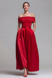 Off the Shoulder Fuchsia and Red A Line Color Block Maxi Dress with Pockets