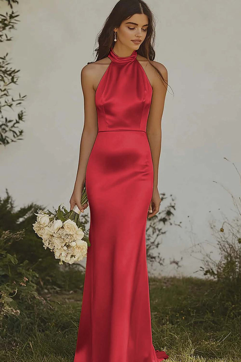 Load image into Gallery viewer, Light yellow Halter Mermaid Satin Bridesmaid Dress