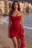 Ivory Strapless Bodycon Ruched Mini Graduation Dress with Ruffles