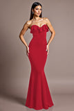 Burgundy Strapless Mermaid Long Formal Dress with Ruffles