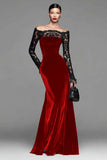 Burgundy Velvet Mermaid Long Sleeve Formal Dress with Lace