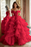 Black Princess Off The Shoulder Tiered Ruffled Long Prom Dress