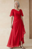 Dusty Sage A Line Ruched Mother of the Bride Dress with Short Sleeves