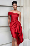 Burgundy Ruffled One Shoulder Bodycon Midi Cocktail Dress
