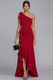 One Shoulder Black Sheath Long Evening Dress with Ruffle Slit