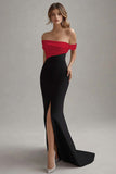 Matte Satin Sheath Off the Shoulder Black Tie Dress