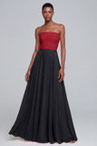 Pink Strapless A Line Ruched Long Chiffon Dress