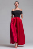 Off the Shoulder Fuchsia and Red A Line Color Block Maxi Dress with Pockets