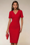 Bodycon Navy V-Neck Short Sleeves Midi Work Dress with Slit