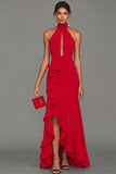 Black Halter Neck Sheath Ruffled Cut Out Long Evening Dress with Slit