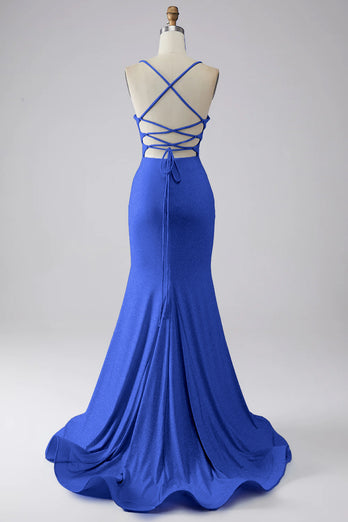 Sparkly Mermaid Light Blue Prom Dress with Slit