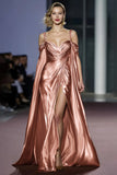 Metallic Golden Mermaid Cold Shoulder Ruched Gala Dress With Slit