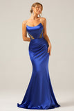 Mermaid Grey Blue Satin Spaghetti Straps Pleated Maxi Dress