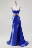 Champagne Mermaid Corset Beaded Satin Long Prom Dress with Slit