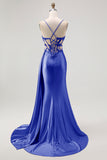 Champagne Mermaid Corset Beaded Satin Long Prom Dress with Slit
