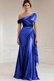 Grey Blue Mermaid One Shoulder Satin Ruched Formal Dress with Ruffles