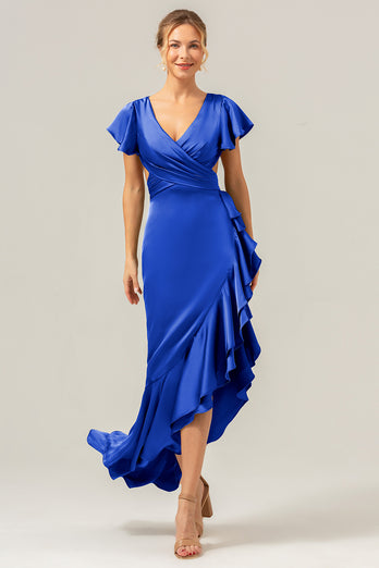 Olive A Line V Neck Satin Asymmetrical Bridesmaid Dress with Ruffle Slit