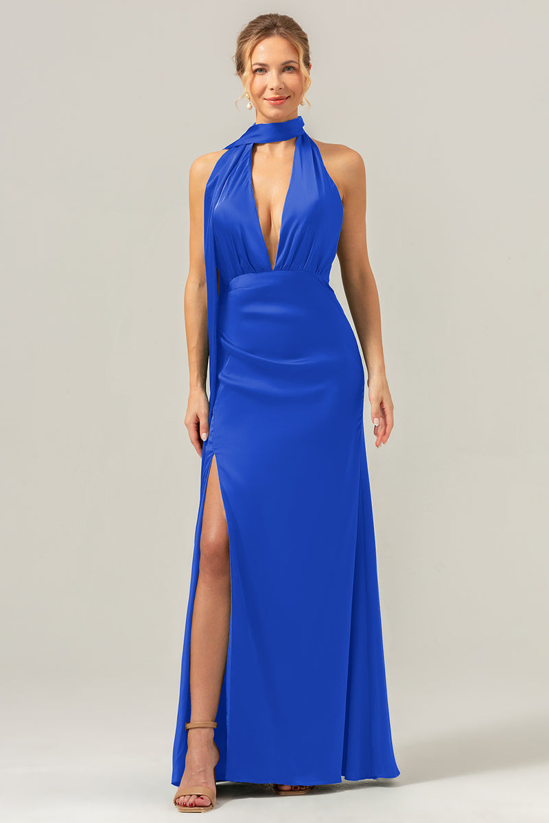 Load image into Gallery viewer, Peacock Sheath V-Neck Backless Long Bridesmaid Dress with Slit