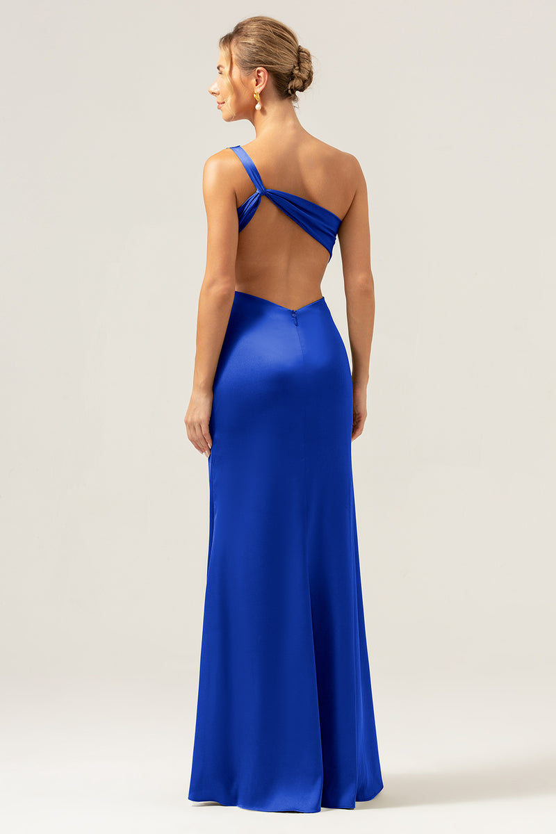 Load image into Gallery viewer, Olive Mermaid One Shoulder Backless Satin Long Bridesmaid Dress