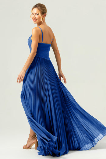 A-Line Spaghetti Straps Pleated Chiffon Eucalyptus Bridesmaid Dress with Slit