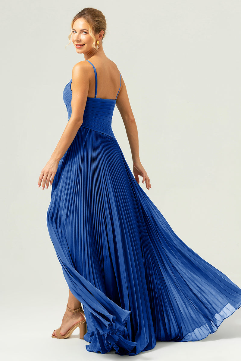 Load image into Gallery viewer, A-Line Spaghetti Straps Pleated Chiffon Eucalyptus Bridesmaid Dress with Slit