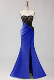 Strapless Mermaid Green Appliqued Lace Long Prom Dress with Slit