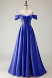 Off The Shoulder Beaded A Line Purple Corset Long Prom Dress with Slit