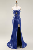 Metallic Dark Golden Mermaid Strapless Cut Out Long Prom Dress with Slit