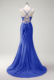Fuchsia Mermaid Spaghetti Straps Beaded Corset Satin Long Prom Dress with Slit