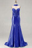 Blue Mermaid Corset Sweetheart Convertible Long Satin Prom Dress with Streamer