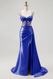 Champagne Mermaid Sheer Corset Beaded Side Streamer Long Prom Dress with Slit