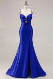 Fuchsia Mermaid Cut Out Pleated Satin Bowed Long Prom Dress with Slit