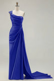 Green One Shoulder Ruched Sheath Long Prom Dress with Slit