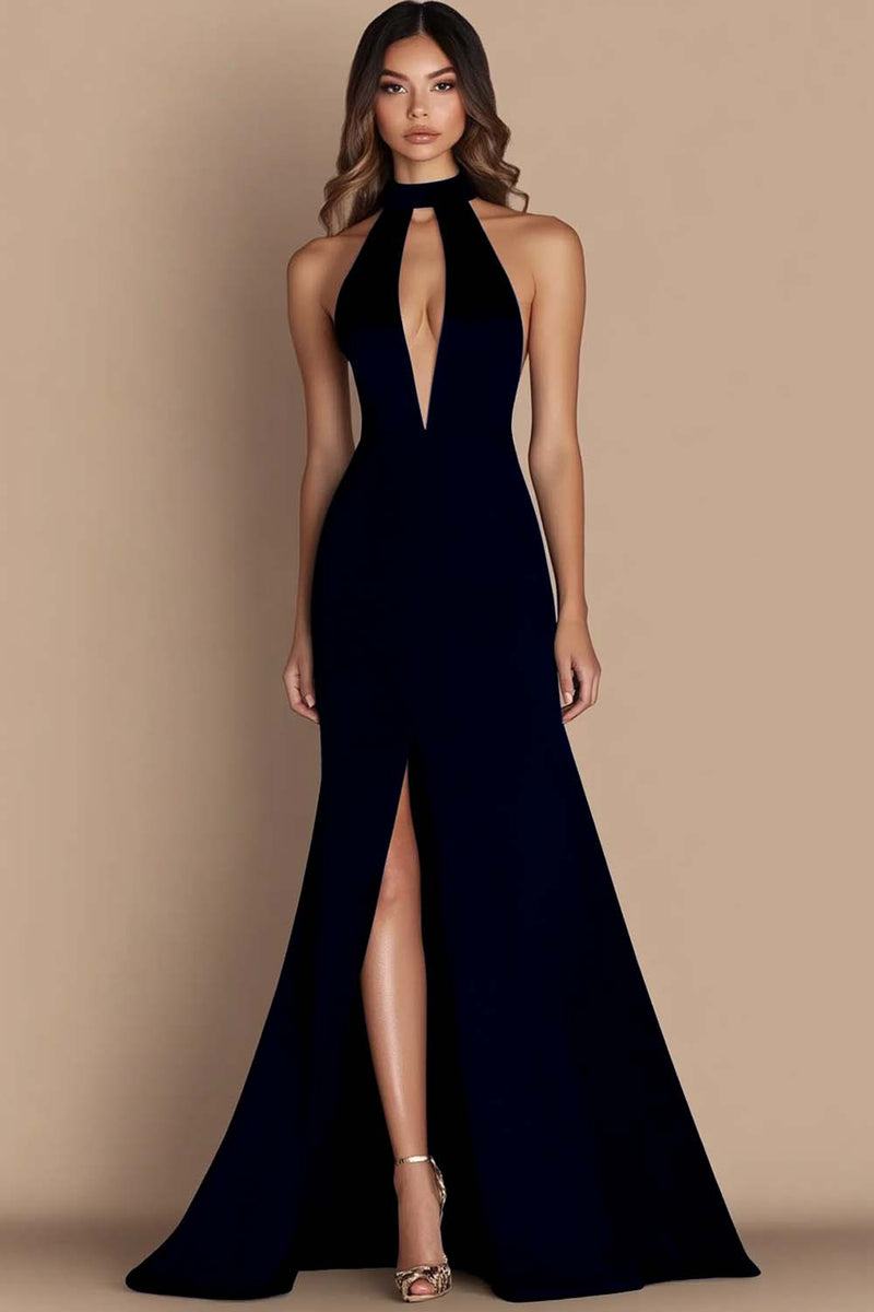 Load image into Gallery viewer, Black Halter Cut Out Mermaid Gala Dress with Slit