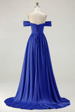 Blue A-Line Off The Shoulder Satin Long Bridesmaid Dress with Slit